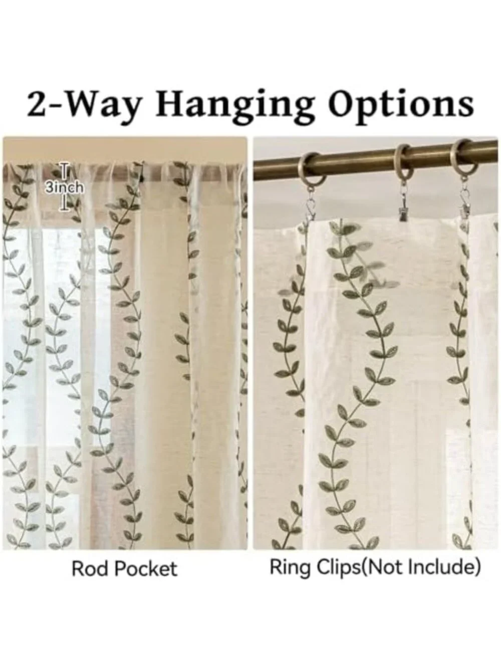 Linen Leaf String Floral Embroidered Semi-Sheer Curtains, Sage Green, 52x63